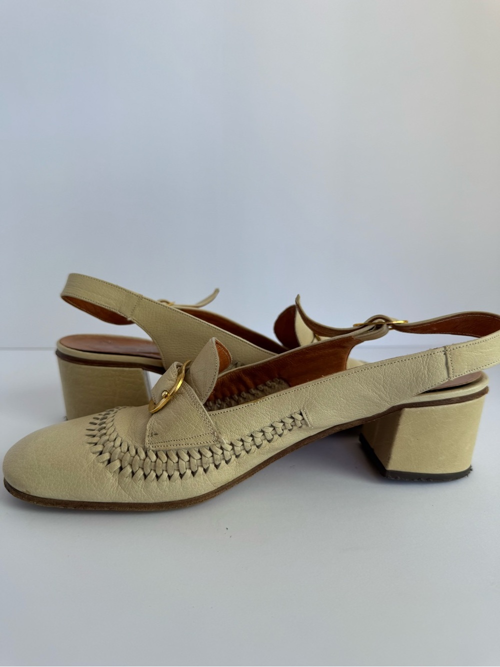 Clarks 70s Italian Leather Slingback Shoes 7.5 Narrow Block Heel Square Woven - Picture 10 of 14